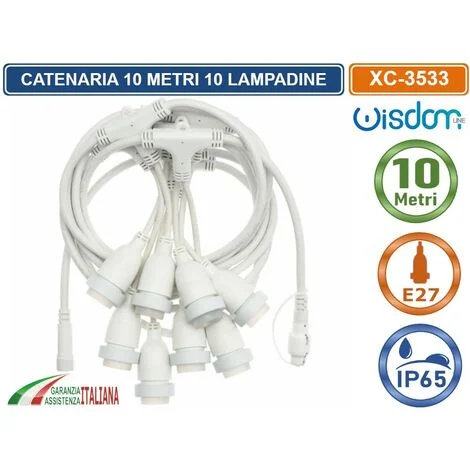 CATENA CATENARIA LUMINOSA 10 METRI BIANCA PER 10 LAMPADINE LED E27 DA ESTERNO IP65 PENDENTE