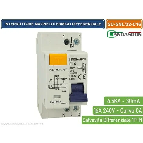 SANDASDON INTERRUTTORE MAGNETOTERMICO DIFFERENZIALE SALVAVITA PER BARRA DIN 2 MODULI 1P+N 16A C16 240V 30mA 4.5KA