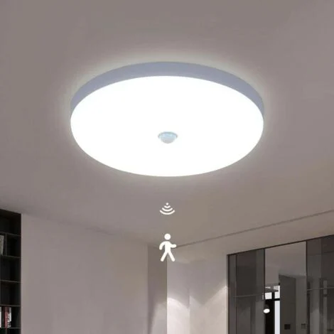 COMELY Plafoniera LED con sensore di movimento, 30W 6600K Cool White Light Modern Ceiling Lamp, 25CM White Round Ceiling Light for Kitchen, Hallway, Staircase, Bedroom, Entrance (IP40) [Energy Class E