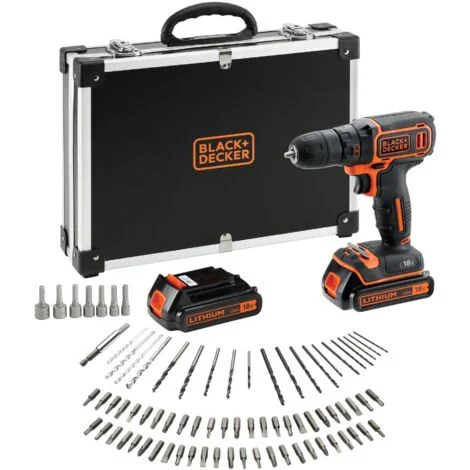 Trapano avvitatore senza fili 18V in valigetta con 2 batterie da 1,5 Ah e caricabatterie + 80 accessori BLACK+DECKER BDCDC18BAFC-QW