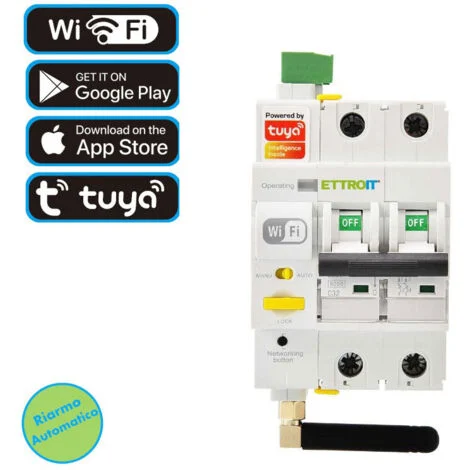 ETTROIT E-SMART Interruttore Magnetotermico WIFI 2P 32A 6KA App TUYA 3 Moduli DIN ESR3232