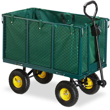 Relaxdays Carrello da Giardino, Carretto Grande con Sponde Pieghevoli, Telo Estraibile con Manici, Max. 500kg, Verde
