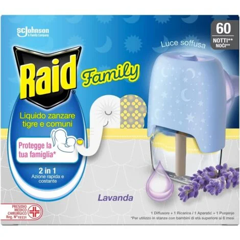 RAID DIFFUSORE PER ZANZARE TIGRE E COMUNE CON RICARICA ALLA LAVANDA 60 NOTTI