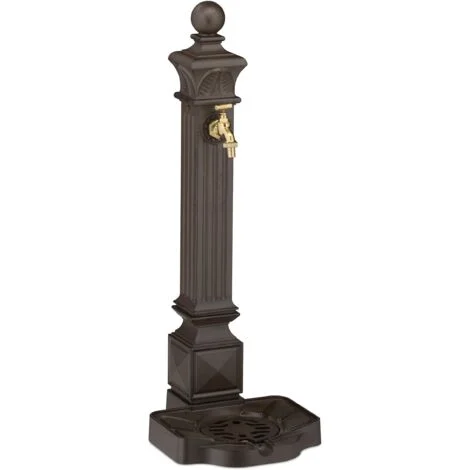 Relaxdays Fontana da Giardino in Stile Antico, Fontanella a Colonna con Rubinetto e Vaschetta, HLP: 82x29x33 cm, Marrone