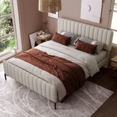 Letto Imbottito Matrimoniale 160 x 200 cm, Giroletto con Rete a Doghe e Testiera Regolabile, Letto Imbottito Beige, Letto Ragazzi per Cameretta, Camera degli Ospiti, Tessuto in Lino