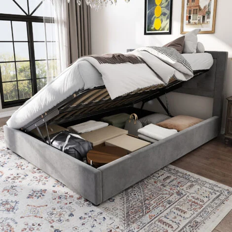 Letto imbottito, letto contenitore con box letto estraibile sinistro e destro, stile Chesterfield, testiera imbottita in schiuma, letto matrimoniale con struttura in acciaio, velluto, 140200 cm, grigi