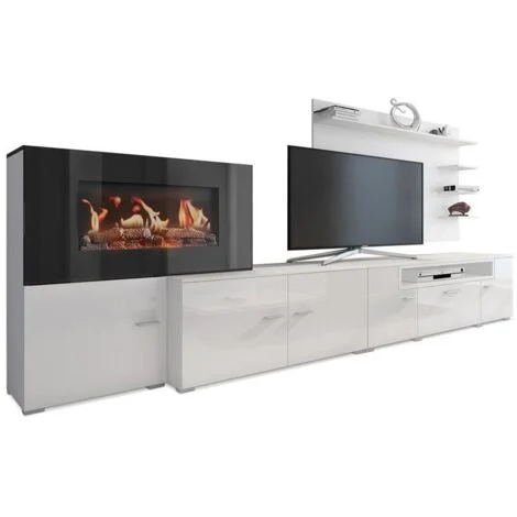 Skraut Home - Mobili per Soggiorno con Camino Elettrico - 170 x 290 x 45 cm - Sistema di Illuminazione LED Effetto Fiamma - Nuovo Modello Olympo - Stile Moderno - Finitura Bianca