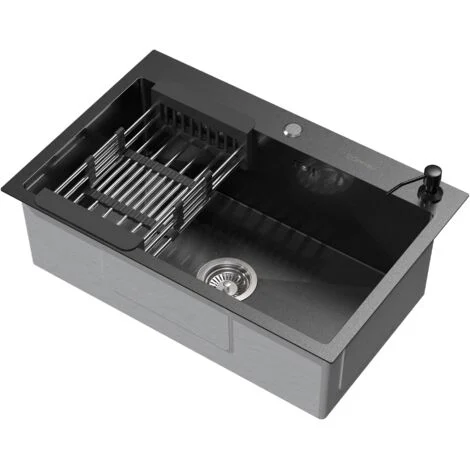 ML-Design Lavello da Cucina 1 Vasca 68 x 45 cm Lavabo da Incasso in Acciaio Antracite Antiruggine con Dispenser per Sapone e Cestello Scolapiatti Lavandino con Strato Anti Condensazione