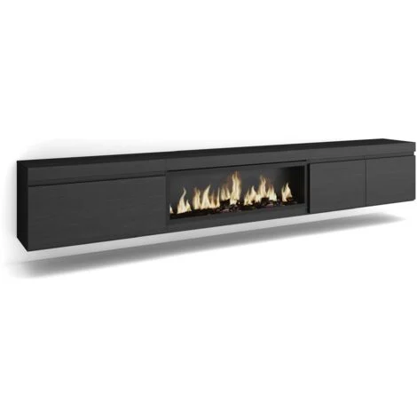 Skraut Home - Mobile TV Soggiorno, Ampio spazio a disposizione, 288x45x35 cm, TV di grande formato, Camino elettrico XXL, Sospeso, da appendere, Stile moderno, Nero