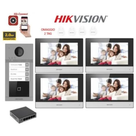 KIT Videocitofono quadrifamiliare IP Poe Hikvision 4 monitor 7 WIFI smart telecamera 2 mpx