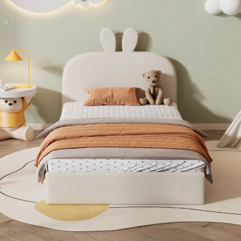 Letto singolo per bambini 90x200 cm, testiera in coniglio, letto a doghe di legno, velluto, beige