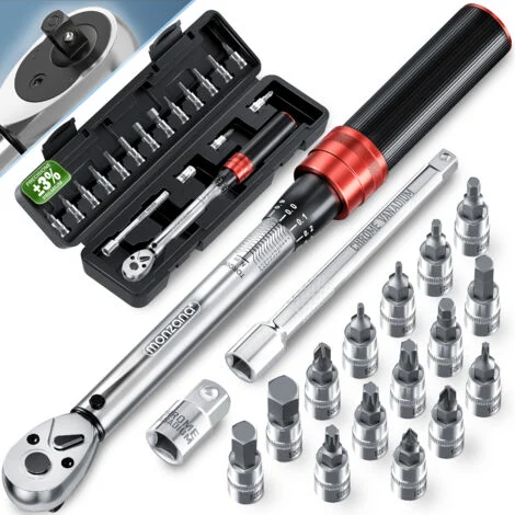 MONZANA® Chiave dinamometrica bicicletta 18 pezzi set 1/4 1-25 pollici NM ±3% CV acciaio prolunga confezione di trasporto bit-set di alta qualità utensili moto