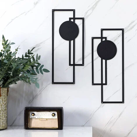 2 pezzi Decorazione della parete di metallo Decorazione di muro geometrici, nero murale arte astratta decorazioni verticali in metallo sculture parete geometriche appese per soggiorno