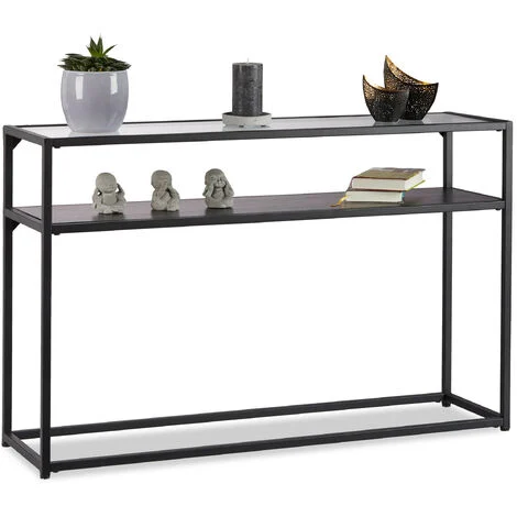 Relaxdays 10023143 Tavolino da Soggiorno in Vetro, Trasparente, Struttura in Metallo, 4 Gambe, HxLxP: 70,5x110x30 cm, Nero