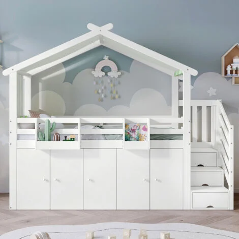 Letti a soppalco 90x200cm, letto per bambini, 1 armadio e 2 armadietti, scale di stoccaggio, pino + MDF, senza materasso, bianco