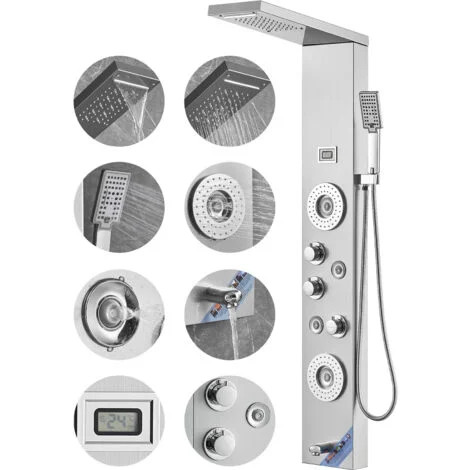 Mophorn Sistema pannello doccia, 6 modalità doccia, pannello doccia LED e display, pioggia, cascata, 4 getti, set doccia a parete in acciaio inossidabile