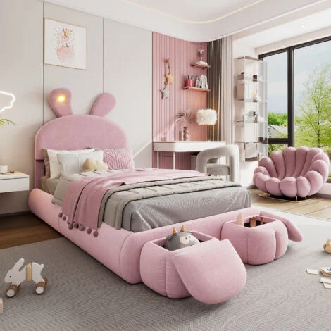 Letto singolo imbottito per bambini 90 x 200 cm, orecchie di coniglio con strisce luminose, 2 sgabelli contenitore, velluto, rosa