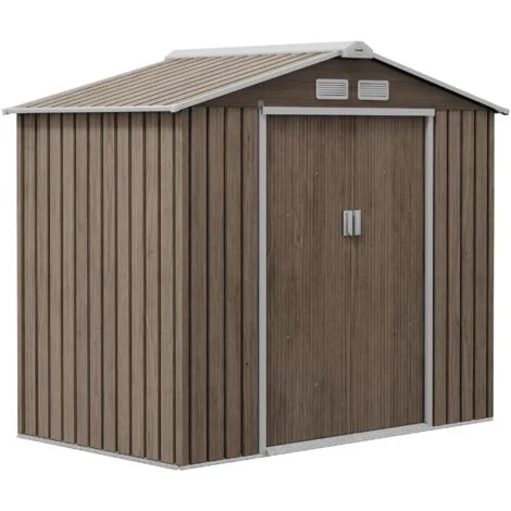 Casetta da Giardino con Prese d'Aria e Doppia Porta Scorrevole210x130 cm in Metallo Marrone Chiaro