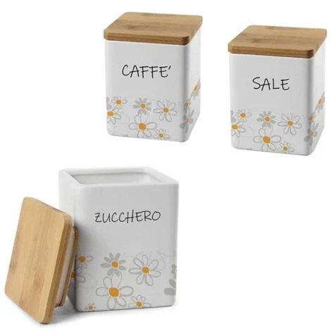 TRIS QUADRATO DAISY SALE. ZUCCHERO E CAFFÈ IN CERAMICA CON TAPPO IN LEGNO 10X13 CM