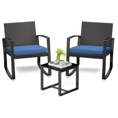 Set da Giardino Bealife 2 Posti Set Tavolo e Sedie da Giardino in Acciaio Sedia a Sdraio con Cuscino Tavolo in Vetro Temperato Insieme di Mobili per Patio, Giardino e Esterno Blu