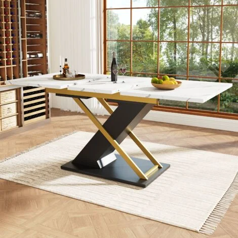 Tavolo da pranzo (120-160) x80x75,4cm Tavoli allungabili, gambe a X, motivo marmo, piano bianco, per cucina/soggiorno, MDF e metallo, nero e oro
