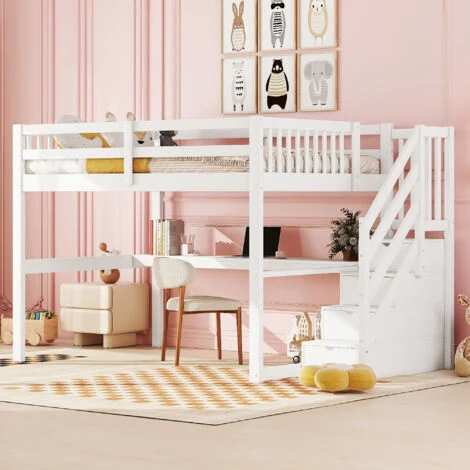 Letto a soppalco, 140x200, letto a soppalco per bambini, con cassetti contenitori e scrivania sottoletto, bianco