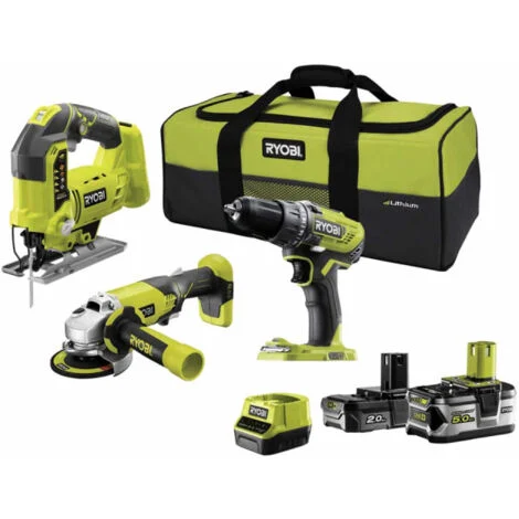 Confezione RYOBI 18V One+ - Trapano/avvitatore - Smerigliatrice - Seghetto alternativo - 2 batterie - 1 caricatore rapid
