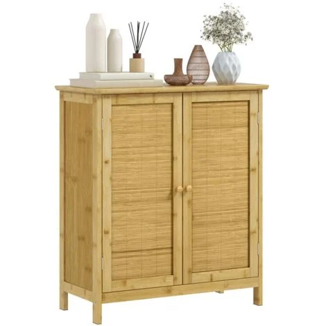 CREDENZA STILE BOHO IN RATTAN E BAMB¨ CON 2 ANTE E MENSOLA INTERNA. 60X27X67.5CM. COLORE LEGNO