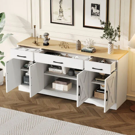 Credenza buffet madie 160x37x75cm 3 cassetti 4 ante, cassettiera, mobile cucina, MDF, bianco
