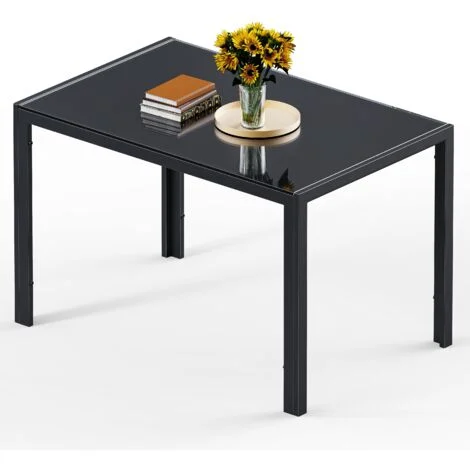 Bealife Tavolo da Pranzo in Vetro Temperato Nero con Struttura in Metallo 6 Posti 130x70x75 cm