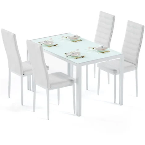 Bealife Set Tavolo con Sedie Moderno - 1 Tavolo da Pranzo in Vetro Temperato + 4 Sedie con Struttura Metallica, Rivestimento in Pelle PU e Piedini in Gomma Antiscivolo (Bianco)