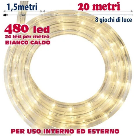 TrAdE Shop Traesio - Tubo Luminoso 20 Metri Led Bianco Caldo 480 Luci Per Interno E Per Esterno -