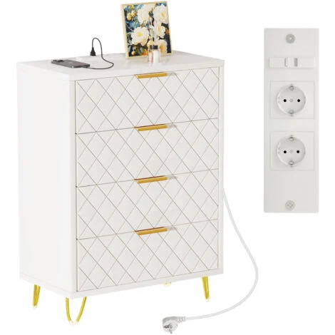 Haloyo® Comodino con 4 cassetti, mobili per camera da letto, gambe dorate, comodino, tavolino in stile moderno, 60 x 34 x 91,5 cm, bianco