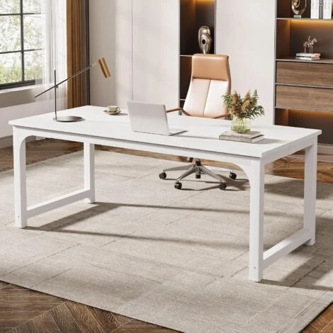Tribesigns Moderno tavolo per computer, 180 x 80 cm, grande tavolo da ufficio, scrivania per computer, studio casa, ufficio, telaio in metallo bianco