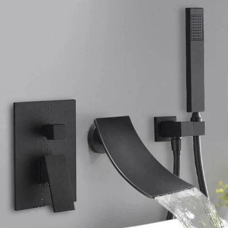 Set di rubinetti per doccia a incasso, a cascata, per vasca da bagno, rubinetti a parete, colore nero, con doccetta laterale, interruttore per acqua calda e fredda