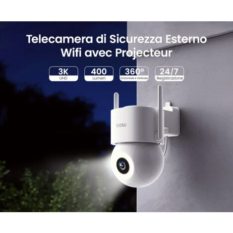 AOSU 3K 5MP Telecamera Wi-fi Esterno Fili, Videocamera Sorveglianza WiFi con 400Lm Faretto Visione Notturna a Colori, Elecamera Esterno Movimento, Registrazione 24/7, Sicurezza del Veicolo