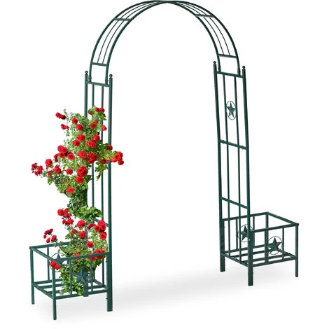 Relaxdays Arco per Rose con Fioriere, in Metallo, Resistente alle Intemperie, da Giardino, HLP 226 x 204 x 43 cm, Verde