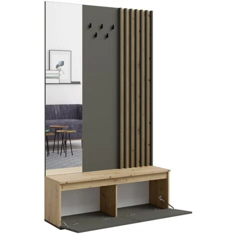 Mobile da ingresso con appendiabiti e specchio 120 cm - quercia chiara e grigio antracite - Collezione Mone