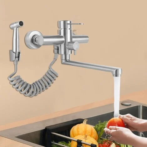 Rubinetto da cucina a parete, con pistola a spruzzo, girevole a 360°, miscelatore da cucina a freddo e caldo, miscelatore monocomando da cucina, per montaggio a parete