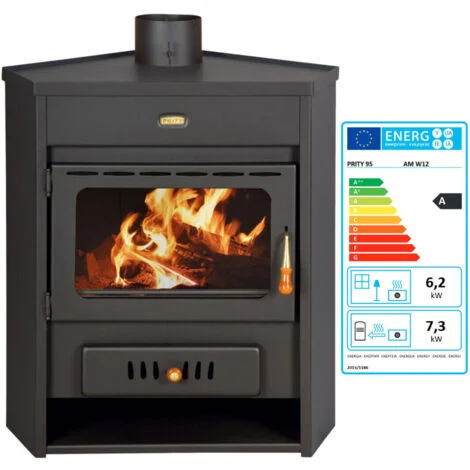 Termostufa a legna angolare Prity AM W12 – 13,5 kW, Nero Grafite, Classe A, Caldaia Integrata da 7 L