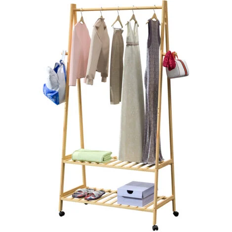 CASARIA® Appendiabiti con Rotelle e Ripiani in Legno Stabile Porta Abiti in Bambù incl. 4 ganci 155x70cm Corridoio