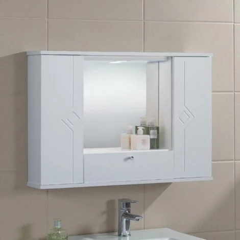 Specchiera mobile contenitore da bagno MERCURIO 90 bianco lucido a 2 ante e luce LED