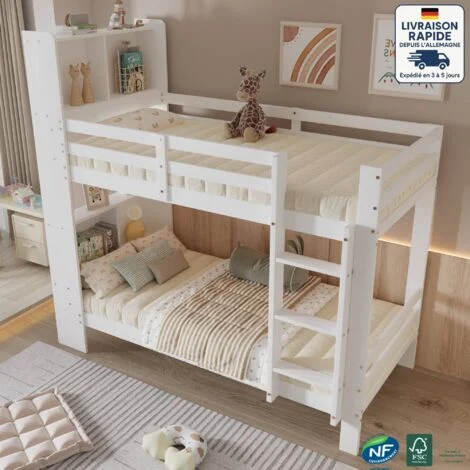Letto a castello 120x200 cm - Letto in metallo - Mobiletto angolare a scaletta con spazio contenitore, con tavolo e ripiani portaoggetti, con armadio aperto, nero