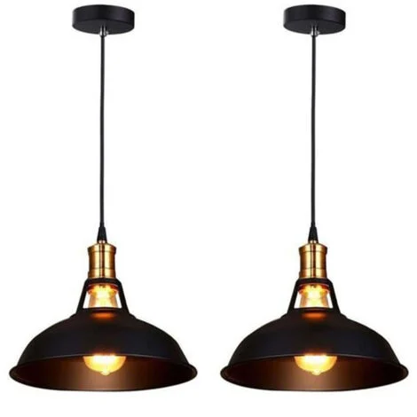 Lampada da Soffitto Industriale Paralume Sospensione E27 Metallo Ferro Lampada a Sospensione per Cucina Soggiorno 2 Pacchi Nero