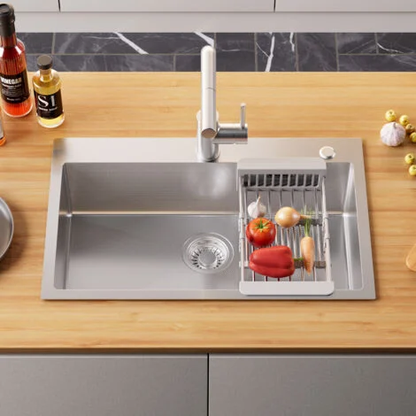 Lavello da cucina in acciaio inox argentato, 70 × 45 cm, con vasca singola e scolapiatti a cestello, per mobile da 80 cm