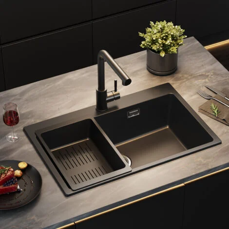 Sofetiy Max Lavello in granito 70 × 45 cm, lavello da cucina in granito con scolapiatti, lavello da appoggio, sifone, piletta e troppopieno inclusi