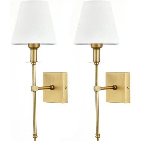 Confezione da 2 applique da parete con paralume in tessuto bianco, lampada da parete per interni in metallo dorato per bagno, lampada da parete classica per camera da letto, soggiorno, corridoio, atta