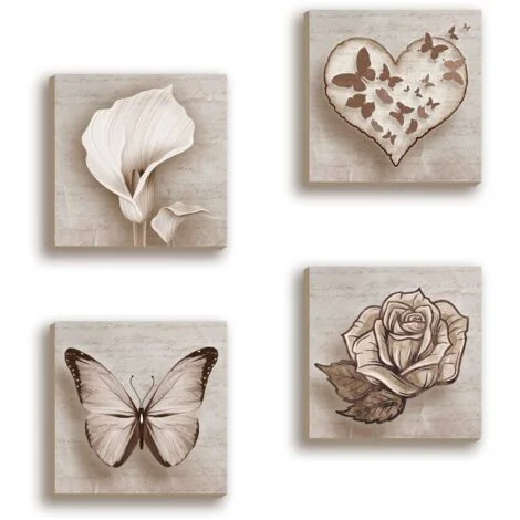 Lupia - Set 4 Quadri Moderni Shabby su Carta Telata, Pronti da Appendere, Decorazione Originale per Cucina e Ufficio, 16x16 cm, Carta, Idea regalo bomboniera, farfalla calla rosa e cuore