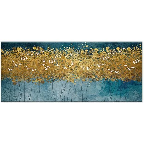 Lupia - Quadro moderno Stampa su Tela Canvas World FLYING TREES 52x122 cmArte Moderna con Uccelli in Foresta Astratta Oro e BluTelaio in Fibra di Legno Ecologica, Legno