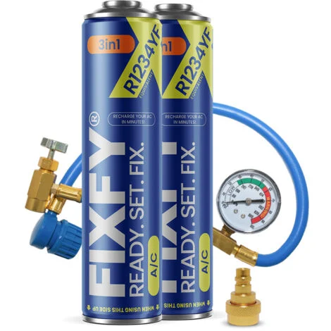 Kit di ricarica per aria condizionata FIXFY 3 in 1 da 500 ml - 2 bombolette grandi + tubo flessibile + adattatore R1234yf